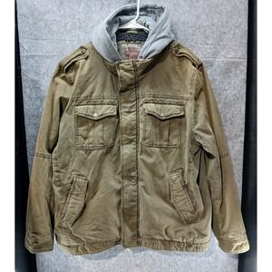 Levi's Hooded Military Jacket Olive Green Full Zip Snap Button Utility Coat Mens